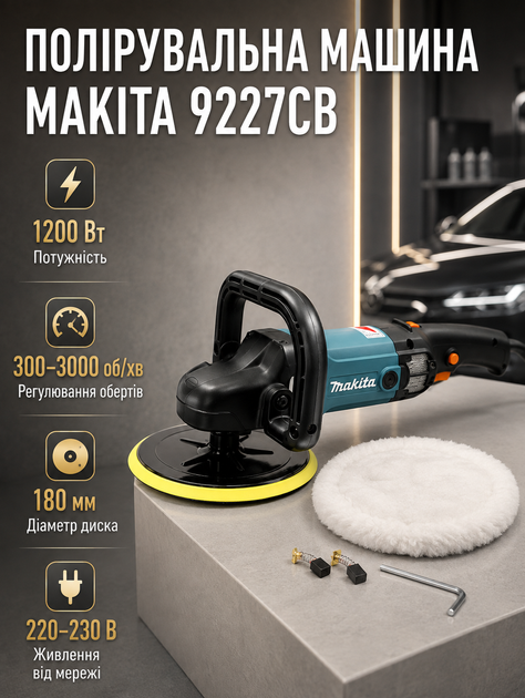 Полірувальна машина Makita 1200 Вт для авто 180 мм електрична полірувальник 3000 об хв мережева шліфмашина з регулюванням швидкості блокуванням шпинделя для майстерні цеху кузова металу з додатковою рукояткою кругом - Фото 1 Полірувальна машина Makita 1200 Вт для авто 180 мм електрична полірувальник 3000 об хв мережева шліфмашина з регулюванням швидкості блокуванням шпинделя для майстерні цеху кузова металу з додатковою рукояткою кругом - зображення 1