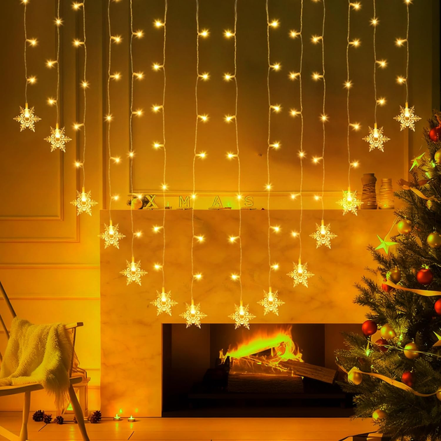Гирлянда-штора Jsdoin Снежинки 2×1 м, 104 LED, теплый белый, 8 режимов, пульт, таймер, USB - изображение 6