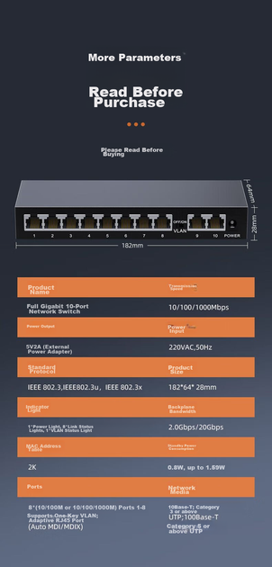 Коммутатор KeepLINK KP-9000, 10 портов Gigabit, для дома и офиса - изображение 11