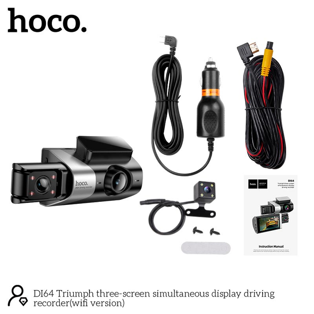 Автомобільний відеореєстратор HOCO DI64 з трьома камерами Wi-Fi, чорний - зображення 8