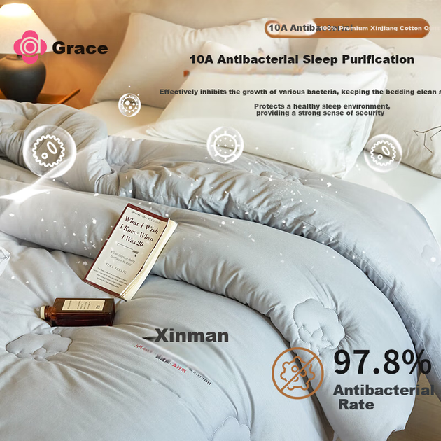Одеяло Grace 10A из 100% синьцзянского хлопка с антибактериальными свойствами, двуспальное, для домашнего использования, на все сезоны, осенне-зимнее, 150*200 см, 6 цзинь. - Фото 6 Одеяло Grace 10A из 100% синьцзянского хлопка с антибактериальными свойствами, двуспальное, для домашнего использования, на все сезоны, осенне-зимнее, 150*200 см, 6 цзинь. - изображение 6