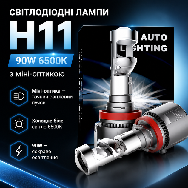 LED лампи H11 90W з міні-оптикою та холодним світлом 6500K - Фото 1 LED лампи H11 90W з міні-оптикою та холодним світлом 6500K - зображення 1