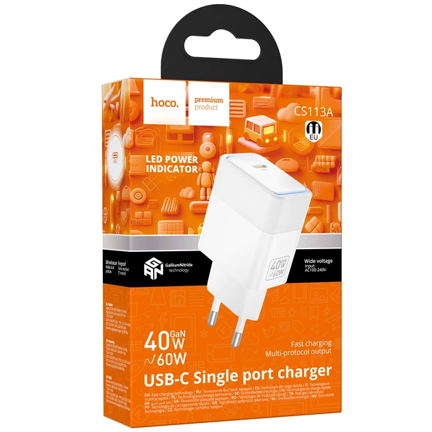 Сетевое зарядное устройство Hoco CS113A USB-C PD3.2 60W с быстрой зарядкой LED подсветка белый - изображение 5