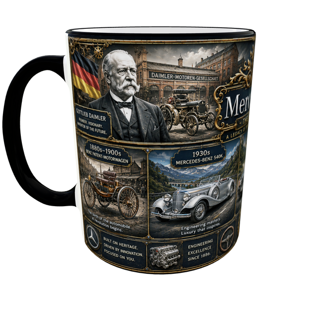 Кружка (чашка) з принтом історія Mercedes-Benz | серія AUTO LEGENDS | Керамічна 330 мл(чорна ручка) - зображення 4