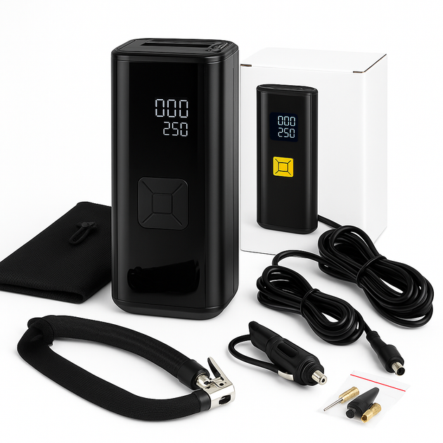 Портативный воздушный компрессор 12В с аккумулятором и USB зарядкой - Фото 1 Портативный воздушный компрессор 12В с аккумулятором и USB зарядкой - изображение 1