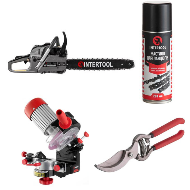Набор для сада INTERTOOL: бензопила DT-2208 + станок WT-0830 + секатор FT-1004 + смазка FS-4215 - Фото 1 Набор для сада INTERTOOL: бензопила DT-2208 + станок WT-0830 + секатор FT-1004 + смазка FS-4215 - изображение 1