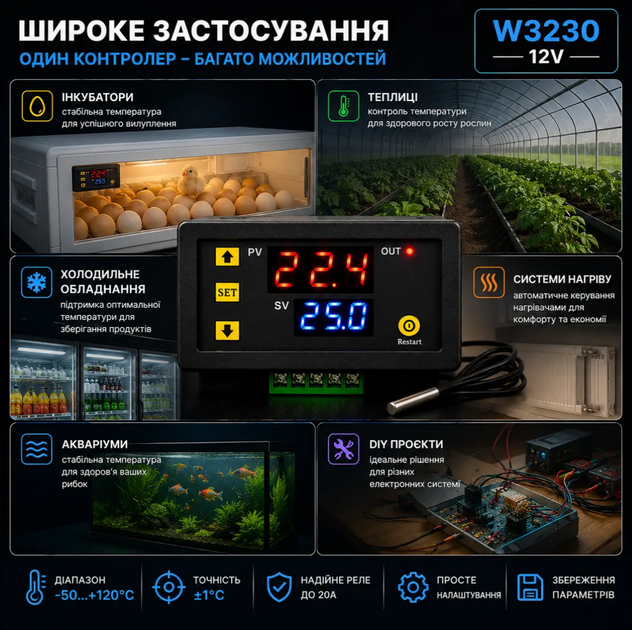 Цифровой терморегулятор W3230 12V с выносным датчиком температуры, электронный термостат 50+120°C, реле 20A - изображение 5