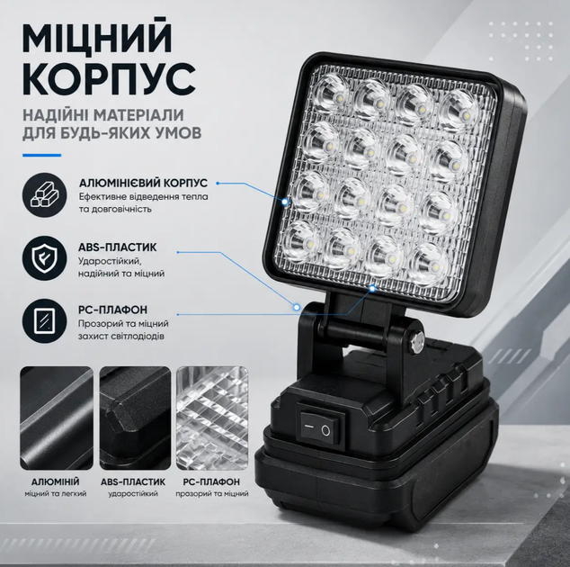 Аккумуляторный LED прожектор 24W, поворотный 145°, рабочий светодиодный фонарь для аккумуляторной платформы 18V (без аккумулятора и - изображение 5