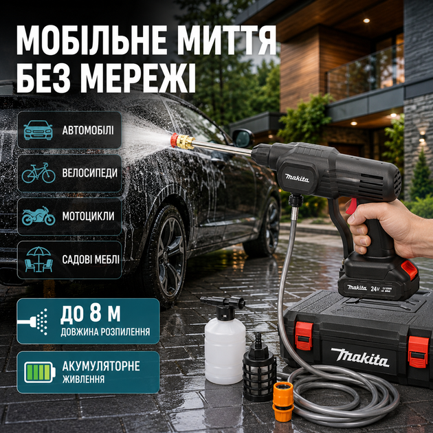 Минимойка аккумуляторная 24 В Makita DHW050ZK для авто 26 бар ручной аппарат высокого давления 228 л ч портативный беспроводной очиститель с 2 батареями 5 А·ч для машины садовой мебели - Фото 3 Минимойка аккумуляторная 24 В Makita DHW050ZK для авто 26 бар ручной аппарат высокого давления 228 л ч портативный беспроводной очиститель с 2 батареями 5 А·ч для машины садовой мебели - изображение 3