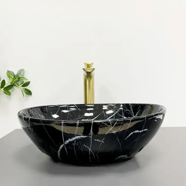 Умывальник накладной VBI Parma Black Stone Glossy 415x310 овальный, с узором (VBI-011014) - Фото 3 Умывальник накладной VBI Parma Black Stone Glossy 415x310 овальный, с узором (VBI-011014) - изображение 3