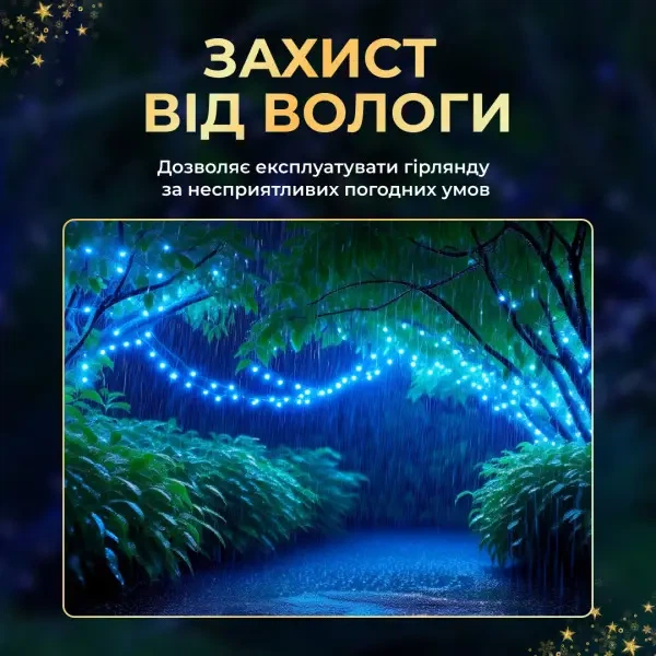 Светодиодная уличная гирлянда 50 м 500 LED Синяя черный провод с пультом и солнечной панелью IP65 8 режимов работы - изображение 7