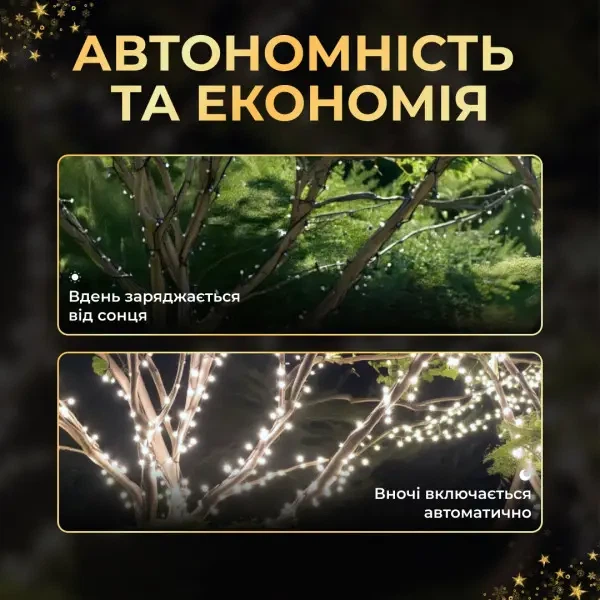 Светодиодная уличная гирлянда 50 м 500 LED Белая черный провод с пультом и солнечной панелью IP65 8 режимов работы - изображение 9