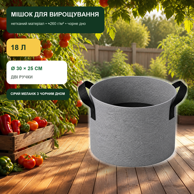 Мешок для выращивания растений 18 л Ø30×25 см серый меланж с двумя ручками (FGB-GY-05-H) - Фото 1 Мешок для выращивания растений 18 л Ø30×25 см серый меланж с двумя ручками (FGB-GY-05-H) - изображение 1