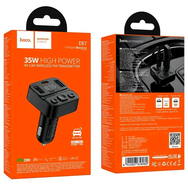 Модулятор Hoco E87 Bluetooth 5.4 зі швидким заряджанням 35W для автомобілів чорний - зображення 9