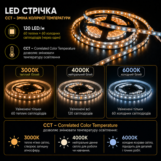 Світлодіодна LED CCT стрічка комплект 1 метр з кнопками USB 5V 120 led на метр з можливістю регулювати колірну температуру - зображення 4