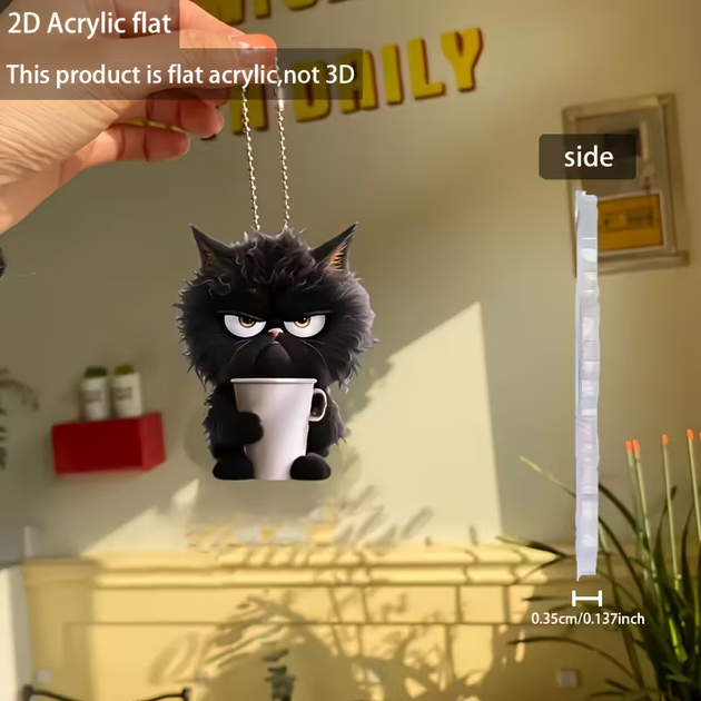 Подвеска-брелок акриловая двусторонняя плоская 2D Черный кот с кофе на зеркало в авто рюкзак и ключи 1 шт - изображение 4