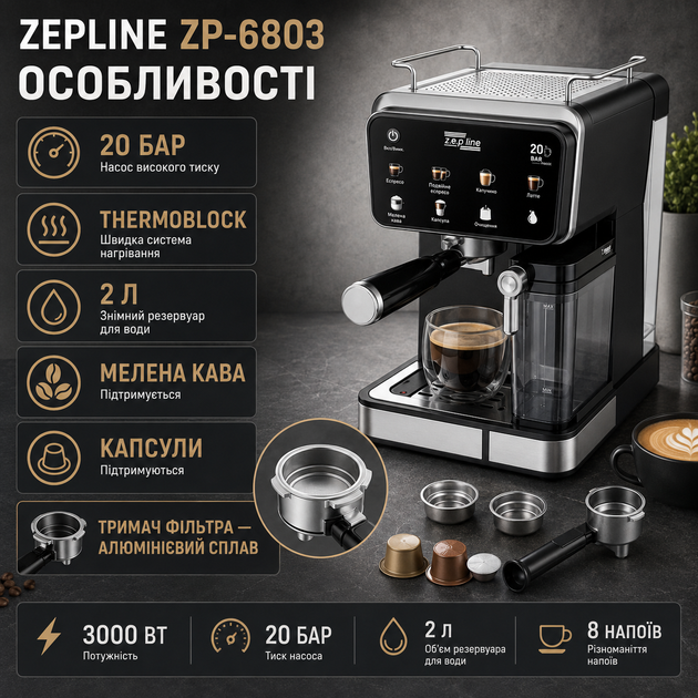 Кофемашина Zepline ZP-6803 3000 Вт кофеварка эспрессо 20 бар для молотого кофе капсул 8 напитков автоматическая система Thermoblock с резервуаром 2 л ESPRESSO COOL для холодного кофе дома офиса - изображение 2
