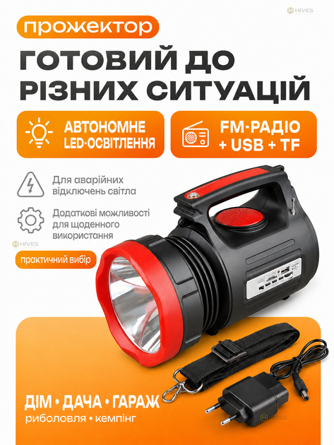 Акумуляторний ліхтар-прожектор з FM-радіо, USB та TF, ручний LED-ліхтар для риболовлі, кемпінгу, дому та дачі - зображення 3