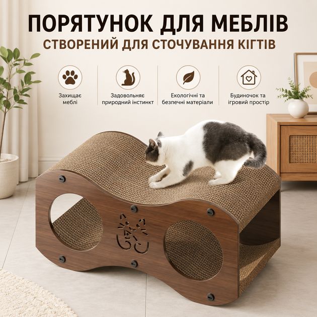 Когтеточка-лежанка для кота RIAS SC-47 з будиночком 47×22×23 см Brown (3_08470) - зображення 6