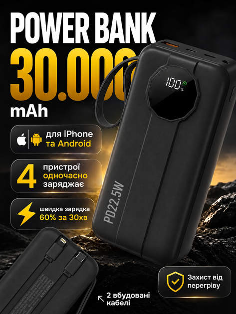 Повербанк FOYU FO-9021 30000 мАг Power Bank зовнішній акумулятор 22,5 Вт швидка зарядка Power Delivery для телефона смартфона iPhone планшета з 2 вбудованими кабелями USB Type-C Lightning LED дисплеєм ліхтариком ремінцем на 3 пристрої чорний - Фото 1 Повербанк FOYU FO-9021 30000 мАг Power Bank зовнішній акумулятор 22,5 Вт швидка зарядка Power Delivery для телефона смартфона iPhone планшета з 2 вбудованими кабелями USB Type-C Lightning LED дисплеєм ліхтариком ремінцем на 3 пристрої чорний - зображення 1