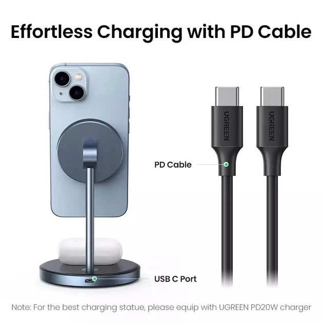 Беспроводная магнитная зарядная станция Ugreen CD317 2-в-1 Qi2 MagSafe 7,5 Вт USB-C черная уценка - изображение 6