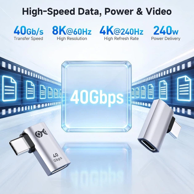 Адаптер Cable Matters Type-C Flat Right Angle, 40Gbps, 4K@240Hz, 240Вт, silver - Фото 2 Адаптер Cable Matters Type-C Flat Right Angle, 40Gbps, 4K@240Hz, 240Вт, silver - изображение 2