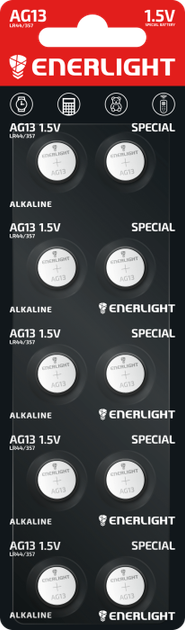 Батарейка таблетка ENERLIGHT Special Alkaline AG13 (LR44/357) 1.5V блистер 10 шт. - Фото 1 Батарейка таблетка ENERLIGHT Special Alkaline AG13 (LR44/357) 1.5V блистер 10 шт. - изображение 1
