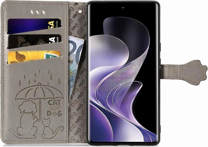 Чехол Embossed Cat and Dog для Xiaomi Redmi Note 15 Pro 5G книжка кожа PU с визитницей серый - Фото 3 Чехол Embossed Cat and Dog для Xiaomi Redmi Note 15 Pro 5G книжка кожа PU с визитницей серый - изображение 3