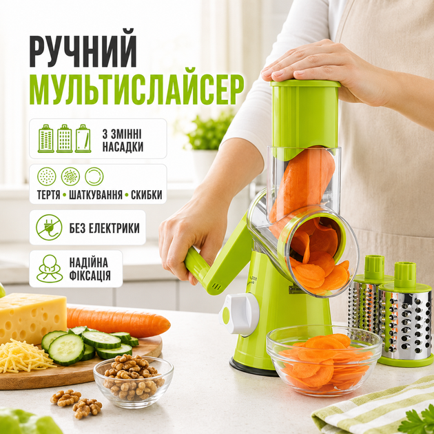 Мультислайсер для овочів та фруктів Kitchen Master Тертка - овочерізка, Зелений - зображення 10