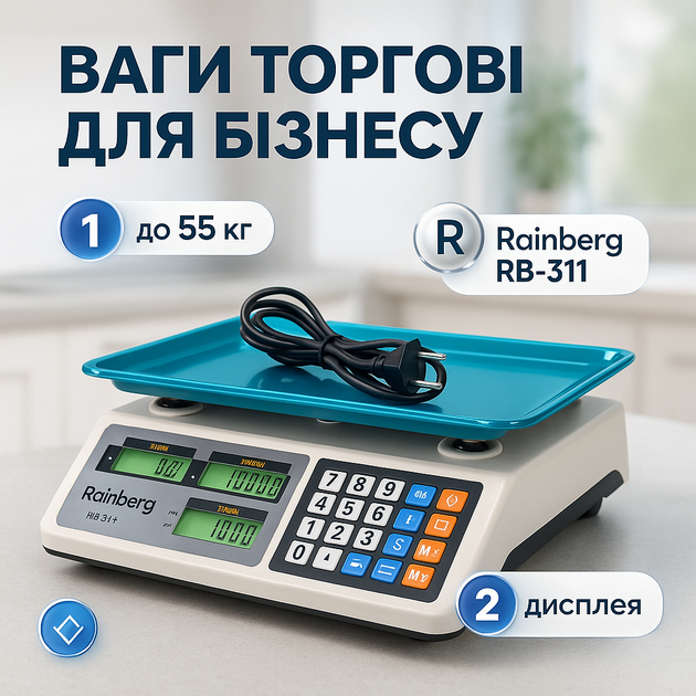 Электронные торговые весы с платформой 24x35 см и аккумулятором Rainberg RB-311 - Фото 1 Электронные торговые весы с платформой 24x35 см и аккумулятором Rainberg RB-311 - изображение 1