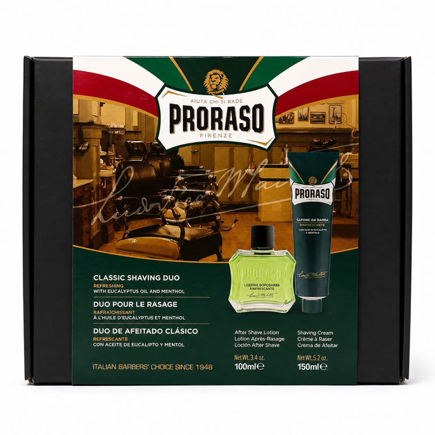Набір подарунковий для гоління Proraso Duo Pack Tube+Lotion Refreshing в картонній коробці "Освіжаюча та тонізуюча свіжість з евкаліптовою олією та ментолом" - Фото 1 Набір подарунковий для гоління Proraso Duo Pack Tube+Lotion Refreshing в картонній коробці "Освіжаюча та тонізуюча свіжість з евкаліптовою олією та ментолом" - изображение 1