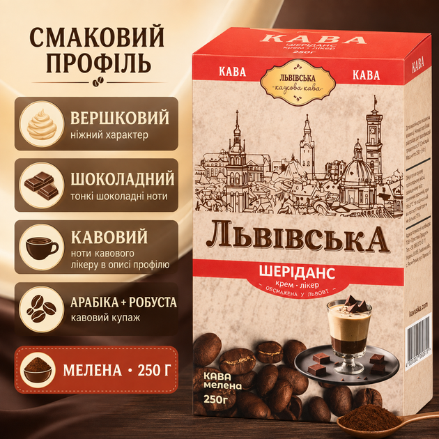 Кава CaffeeFan Львівська Шеріданс мелена 250 г ароматизована арабіка робуста вершкова шоколадна кавова композиція з нотами лікеру ароматна кава для дому - Фото 2 Кава CaffeeFan Львівська Шеріданс мелена 250 г ароматизована арабіка робуста вершкова шоколадна кавова композиція з нотами лікеру ароматна кава для дому - зображення 2