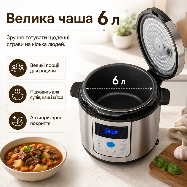 Электрическая скороварка мультиварка 6 л, многофункциональная модель с автоматическими программами и таймером - изображение 5