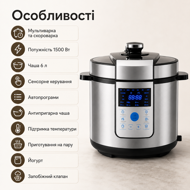 Электрическая скороварка мультиварка 6 л, многофункциональная модель с автоматическими программами и таймером - изображение 6
