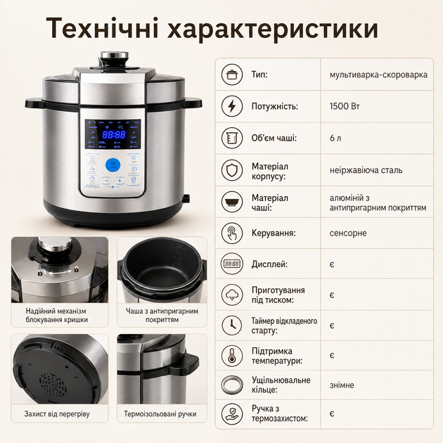 Электрическая скороварка мультиварка 6 л, многофункциональная модель с автоматическими программами и таймером - изображение 7