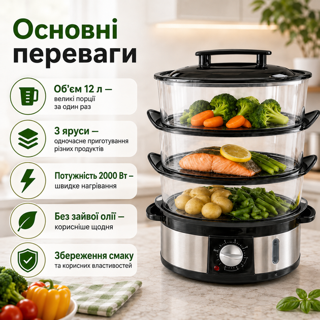 Электрическая пароварка 3 яруса 12 литров 2000 Вт мантоварка для овощей мяса рыбы с таймером - изображение 7