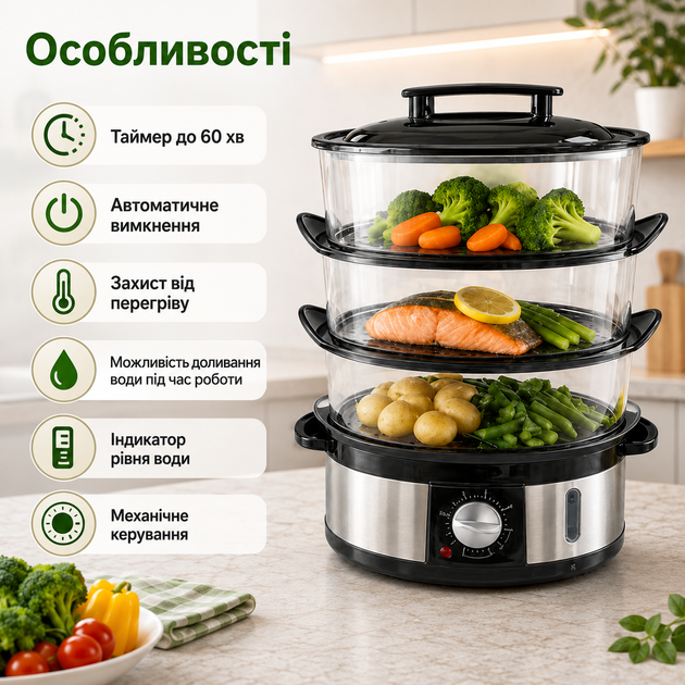 Электрическая пароварка 3 яруса 12 литров 2000 Вт мантоварка для овощей мяса рыбы с таймером - изображение 8