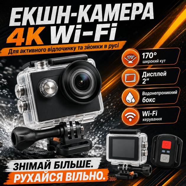 Екшн камера ширококутна відеокамера 4K Eken H9 Wi-Fi спортивна портативна водонепроникна чорна - зображення 3