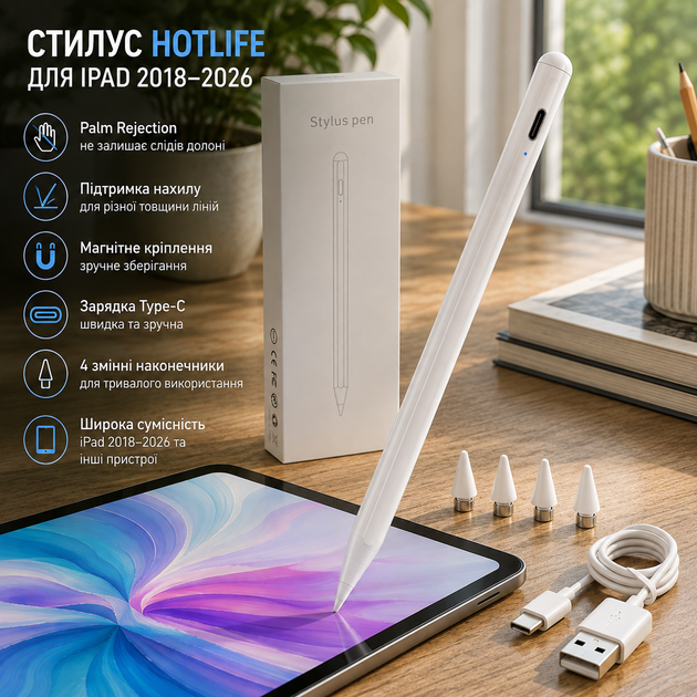 Стилус HOTLIFE для iPad 2018–2026, Palm Rejection, поддержка наклона, магнитный, Type-C, 4 наконечника, белый - Фото 1 Стилус HOTLIFE для iPad 2018–2026, Palm Rejection, поддержка наклона, магнитный, Type-C, 4 наконечника, белый - изображение 1