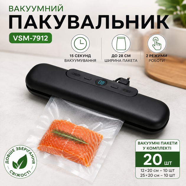 Вакууматор для сухих и влажных продуктов VSM-7912 вакууматор с дисплеем вакуумный упаковщик для дома - Фото 1 Вакууматор для сухих и влажных продуктов VSM-7912 вакууматор с дисплеем вакуумный упаковщик для дома - изображение 1