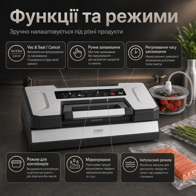 Бытовой вакууматор для продуктов и еды Caso Advanced Pro мощный вакуумный упаковщик VRH790 кухонный вакууматор с дисплеем и резаком - Фото 4 Бытовой вакууматор для продуктов и еды Caso Advanced Pro мощный вакуумный упаковщик VRH790 кухонный вакууматор с дисплеем и резаком - изображение 4