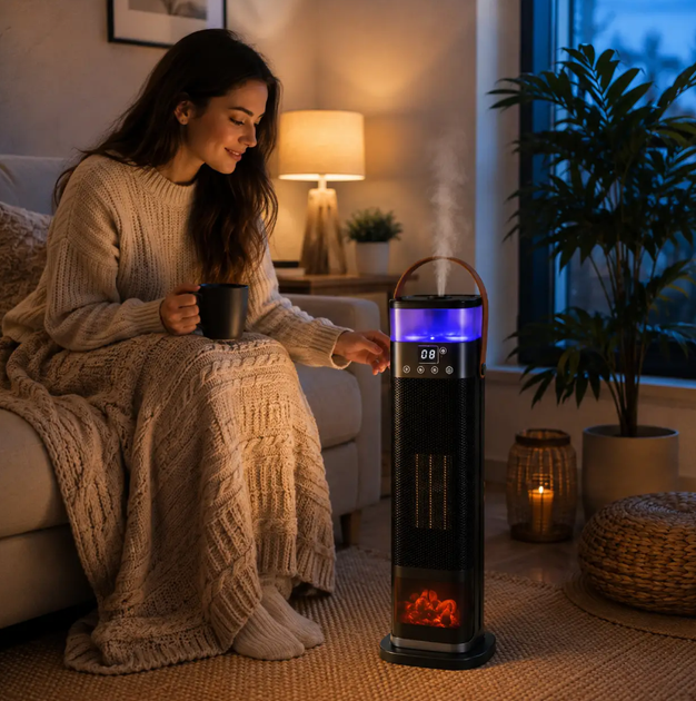 Тепловентилятор-обогреватель Portable Fan Heater HQN218-28QD с увлажнителем воздуха, керамическим нагревательным элементом, 2 режимами мощности 750–1500 Вт и автоматической защитой от перегрева и опрокидывания - изображение 4