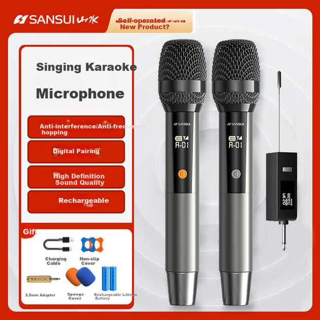 Беспроводной микрофон SANSUI K73 с функцией зарядки, диапазон UHF, подходит для домашнего караоке, пения, выступлений на сцене, лекций, караоке, конференций, акустических систем, усилителей, FM-тюнера, универсальный двухканальный металлический микрофон. - изображение 5