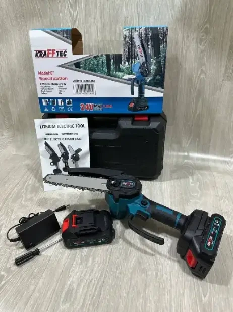Мини пила аккумуляторная Krafftec 48 В 6 А·ч цепная 1200 Вт шина 8 дюймов сучкорез бесщеточный автоматическая смазка садовая электропила 6000 об мин шаг 1 4 для обрезки деревьев веток кустов распиливания древесины с 2 АКБ кейсом - изображение 3