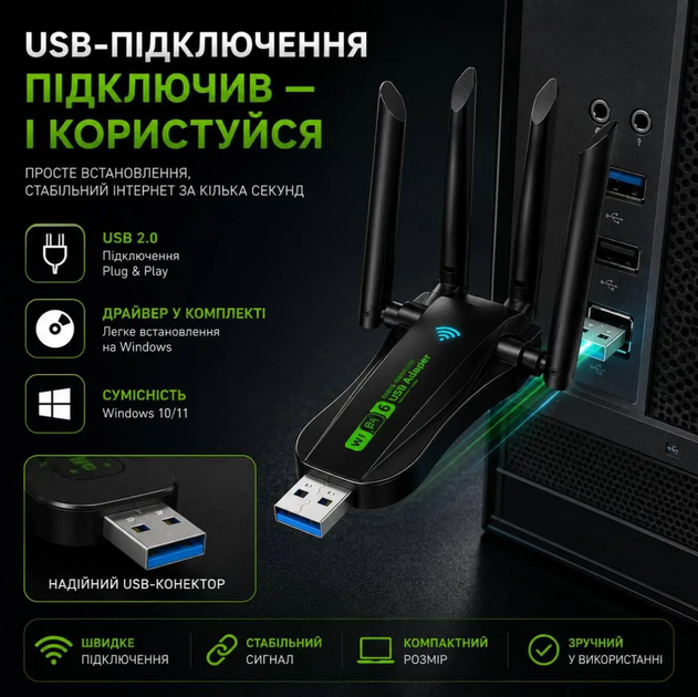 USB Wi-Fi адаптер AX900 Wi-Fi 6 2.4/5 ГГц з Bluetooth 5.4 та 4 антенами, бездротовий мережевий адаптер для ПК - Фото 3 USB Wi-Fi адаптер AX900 Wi-Fi 6 2.4/5 ГГц з Bluetooth 5.4 та 4 антенами, бездротовий мережевий адаптер для ПК - зображення 3