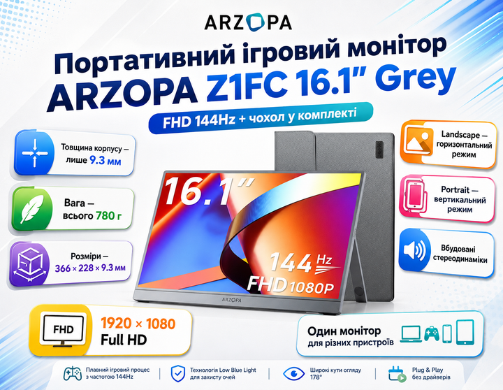 Монитор портативный геймерский ARZOPA 16.1″ FHD 144Hz Дополнительный экран для разных устройств - изображение 8