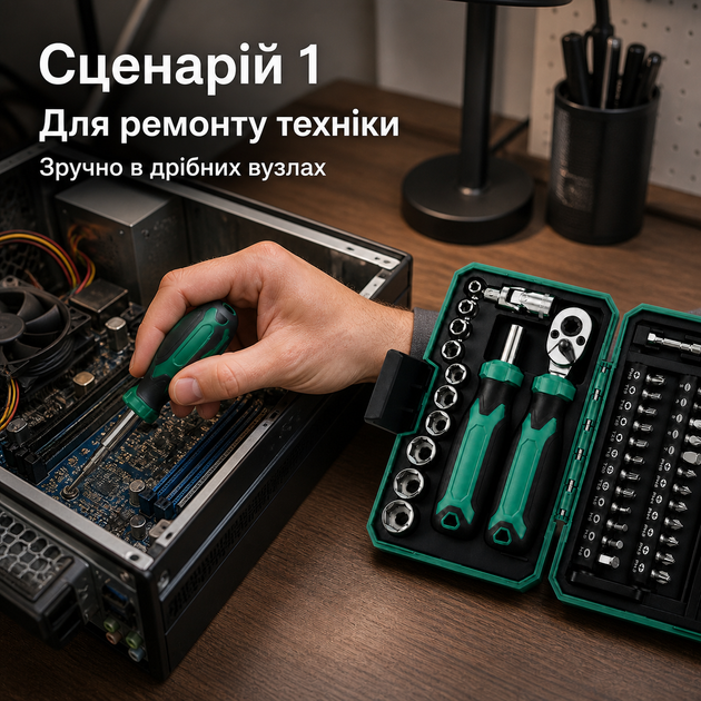 Набір ручних інструментів 40в1 з тріскачкою, викруткою, бітами, торцевими головками 4–13 мм, подовжувачами та перехідниками в ударостійкому кейсі - зображення 4