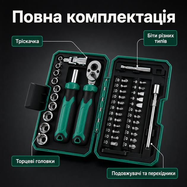 Набір ручних інструментів 40в1 з тріскачкою, викруткою, бітами, торцевими головками 4–13 мм, подовжувачами та перехідниками в ударостійкому кейсі - зображення 6