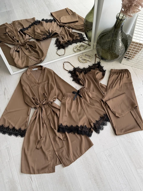 Жіночий комплект четвірка халат майка шорти штани Eleanor Collection M Мокко - Фото 1 Жіночий комплект четвірка халат майка шорти штани Eleanor Collection M Мокко - зображення 1