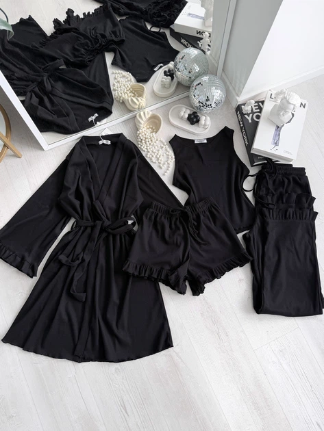 Жіночий комплект: халат, майка, шорти та штани Florance Чорний, L/XL - Фото 1 Жіночий комплект: халат, майка, шорти та штани Florance Чорний, L/XL - зображення 1